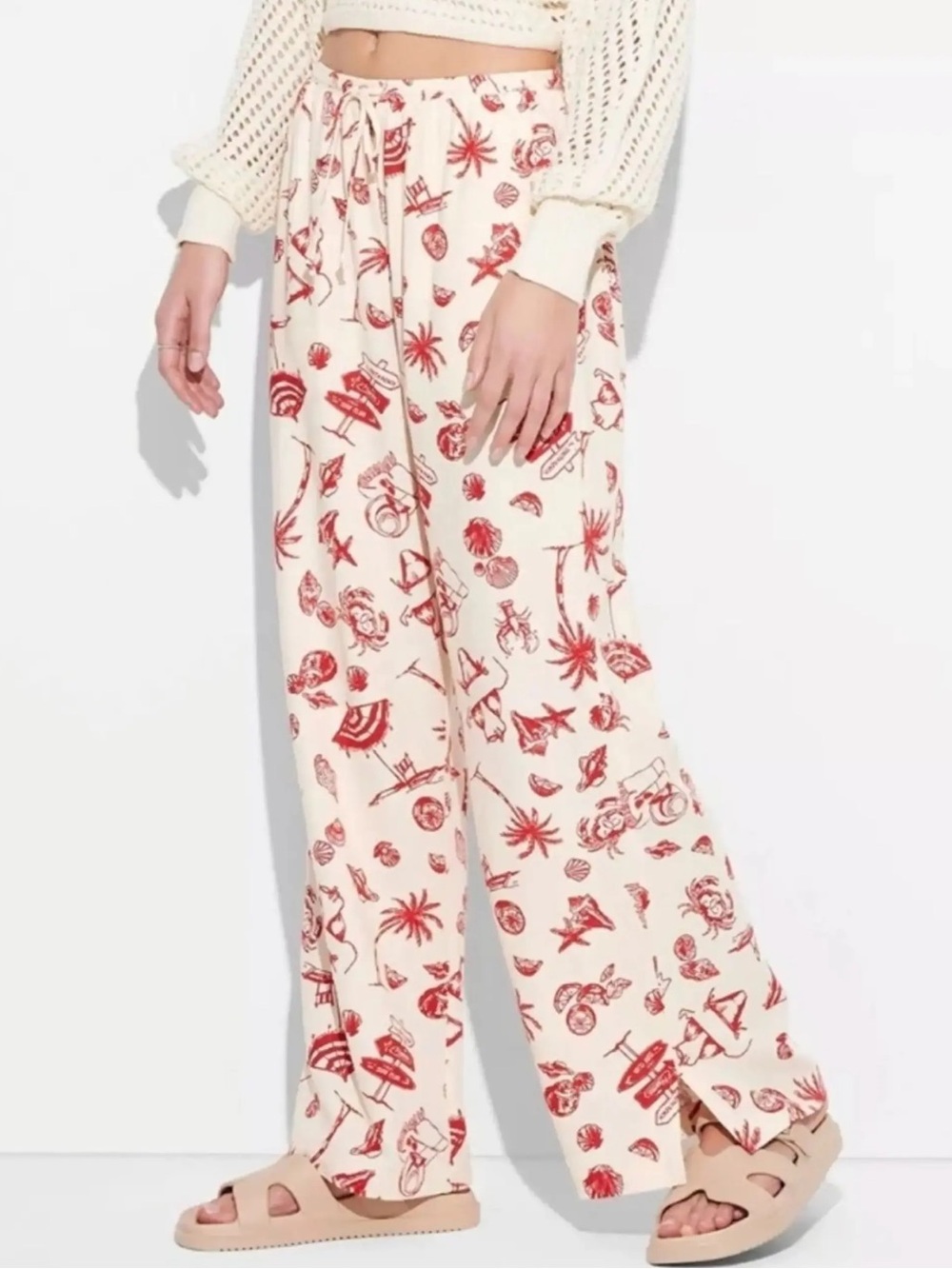wild fable Cream Wide-Leg Pants with Red Beach Motif
